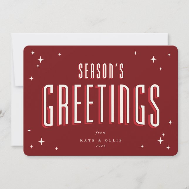 Deep Red Season Greetings Retro Stars Flat Julkort (Framsida)