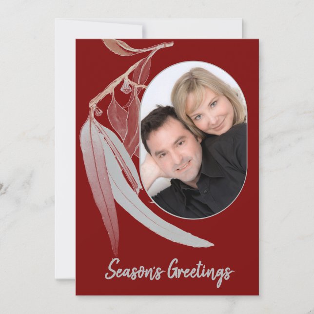 Deep Red & Soft grönt löv - minimal jul Julkort (Framsida)