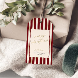 Deep Red Striped and Scalloped Christmas Gift Tags Presentetikett