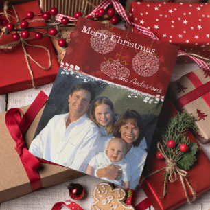 Deep Red & White Ornaments-familjens julfoto Helg Vykort