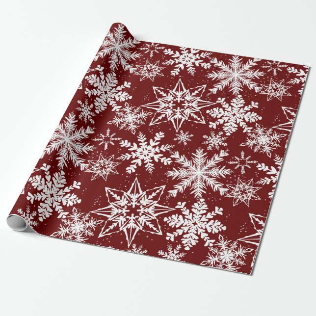 Deep Red Winter Wonderland Snowflake Mönster Presentpapper (Utrullad)