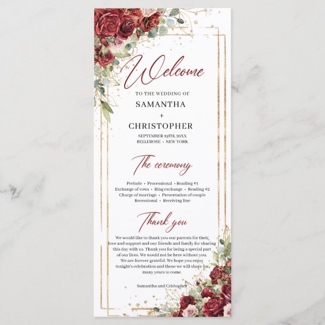 Deep Röd ros  blommor, eukalyptus-program Program (Framsida)