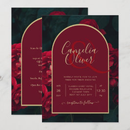 Deep Röd ros Forest Grönt Winter Wedding Inbjudningar