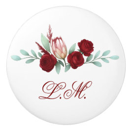 Deep Röd ros & Protea Blommigt Script Monogram Knopp