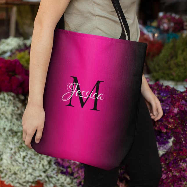 Deep Rosa och svart Ombre Elegant Monogram Tygkasse (Deep Pink and Black Ombre Elegant Monogram Tote Bag)