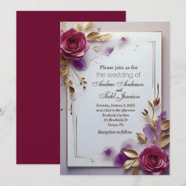 Deep rosa ros guld löv guld ram bröllop inbjudningar
