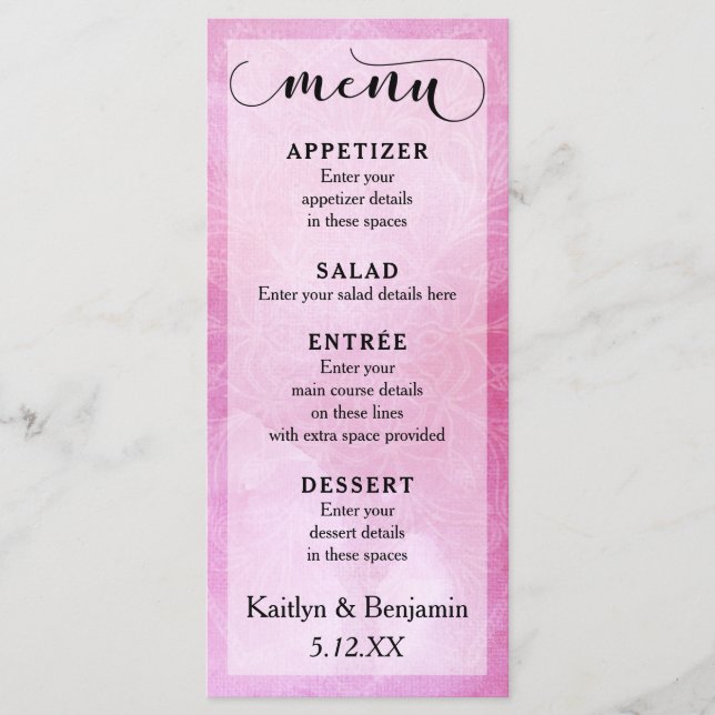 Deep Rosa Watercolor & Mandala Bröllop Menu Meny (Framsida)