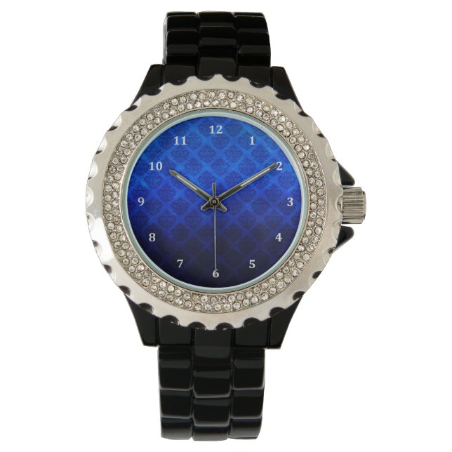 Deep Royal Blue Vintage Damask Grunge Struktur Armbandsur (Framsida)