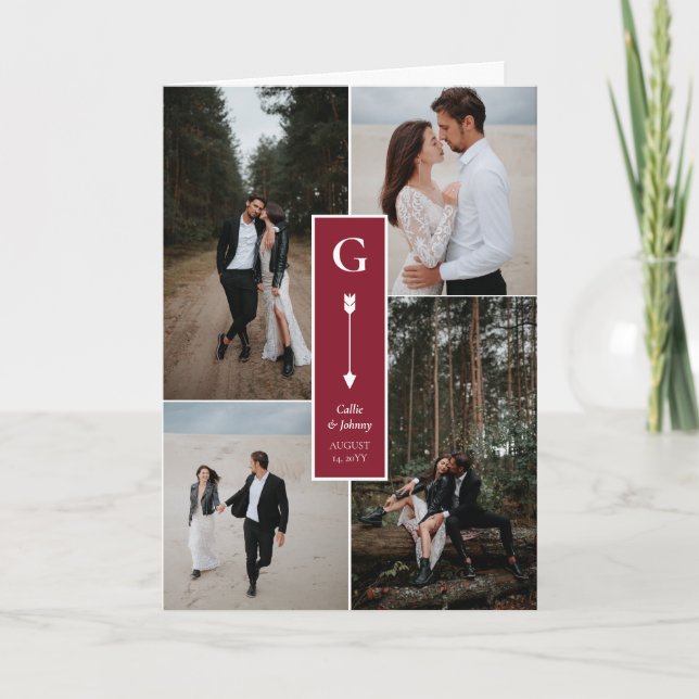 Deep Ruby Red Elegant Arrow Bröllop Photo Collage Tack Kort (Framsida)