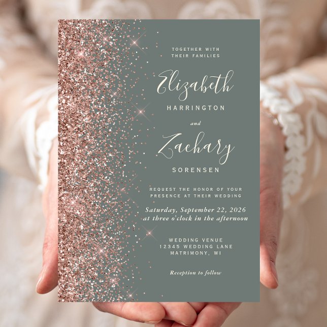 Deep Sage Green Rose Gold Glitter Wedding Inbjudningar (Skapare uppladdad)