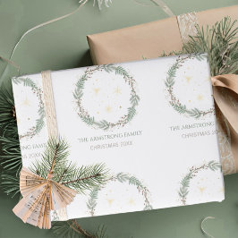 Deep Sage Wreath Gold Stars Christmas Family Name Presentpapper