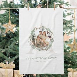 Deep Sage Wreath Monogram Home Accent Kökshandduk