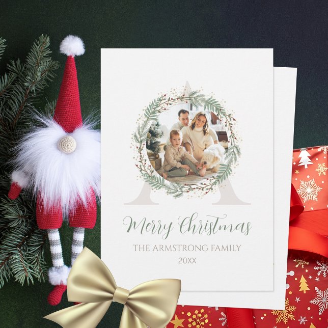 Deep Sage Wreath Monogram Photo Christmas Julkort (Deep Sage Wreath Photo Christmas Greeting Minimali Holiday Card ©Susanne Sachers - Sunny Mind 🌞)