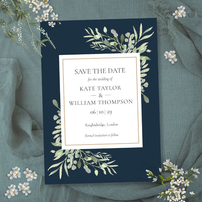 Deep Sea Blue Greenery Bröllop spara datum Inbjudningar (Deep Sea Blue Greenery Wedding Save the Date Invitation)