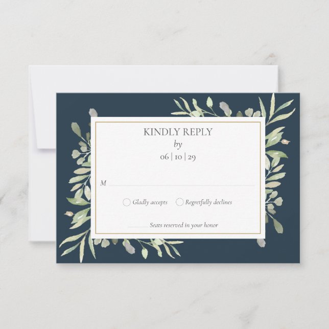 Deep Sea Blue Watercolor Greenery Bröllop OSA (Framsida)