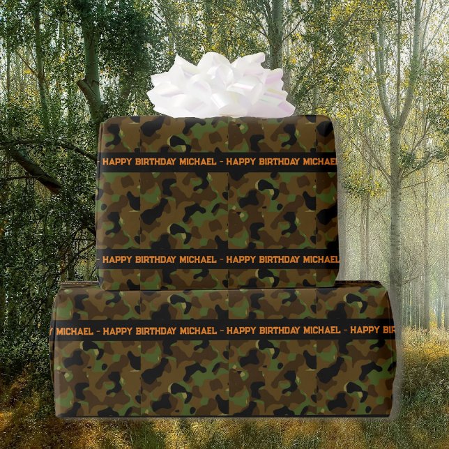 Deep Skogen Camo Add Text & Namn Birthday Presentpapper (Skapare uppladdad)