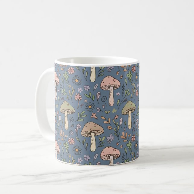 Deep Slate Gray Moody Fungi Seamless Pattern Kaffemugg (Framsida vänster)