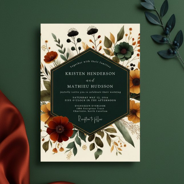 Deep Teal Autumn Floral Romance Wedding Inbjudningar (Skapare uppladdad)