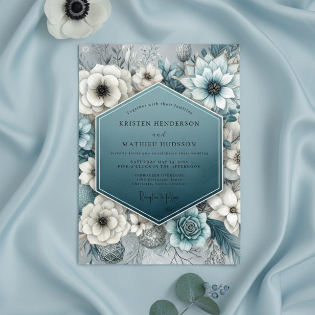 Deep Teal Bloom Romance Wedding Inbjudningar (Skapare uppladdad)