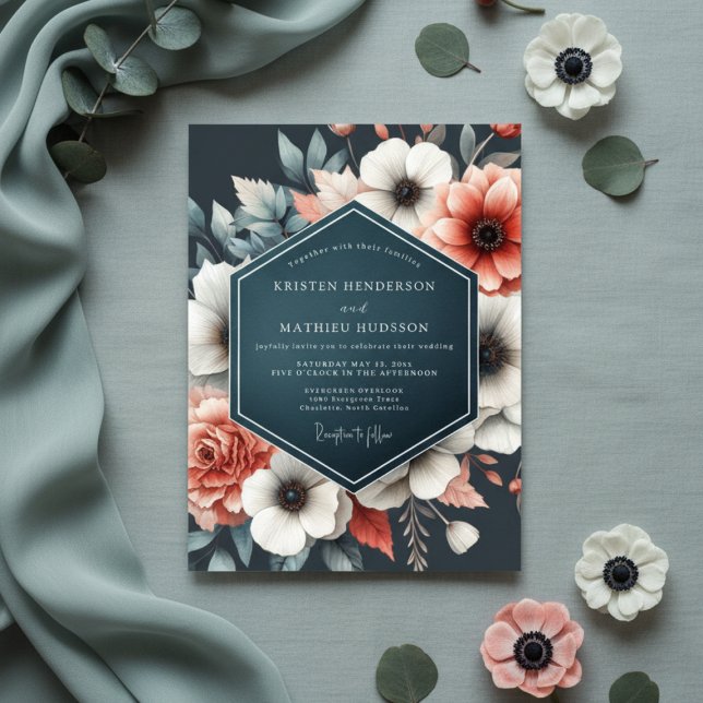 Deep Teal Floral Bloom Wedding Inbjudningar (Skapare uppladdad)