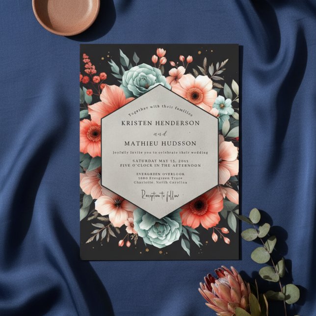 Deep Teal Floral Elegance Wedding Inbjudningar (Skapare uppladdad)