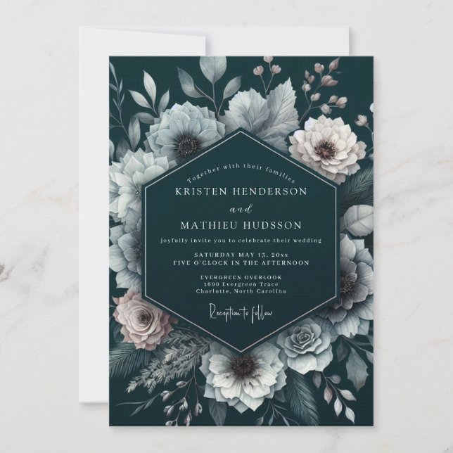 Deep Teal Floral Romance Wedding Inbjudningar (Framsida)