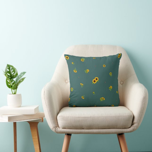 Deep Teal Japanese Sunflower Floral Pattern Kudde (Stol)