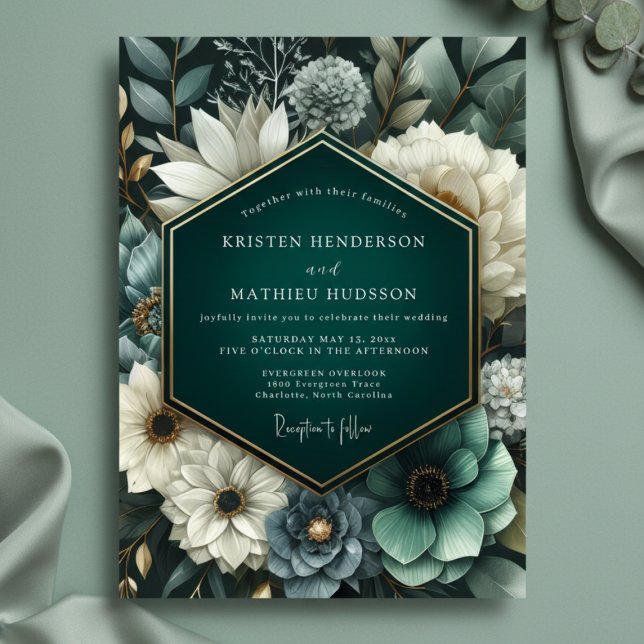 Deep Teal Lush Bloom Wedding Inbjudningar (Skapare uppladdad)