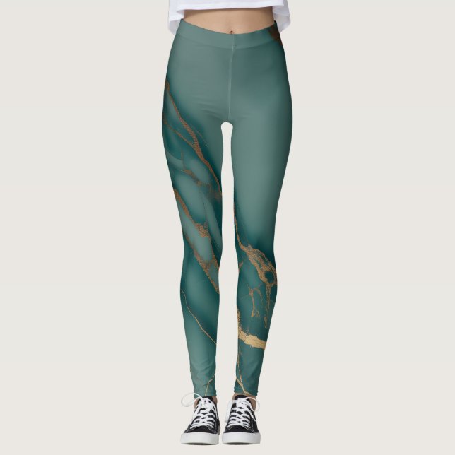 Deep Teal Marble + Gold Veins Luxury Fit Hand Sewn Leggings (Framsida)