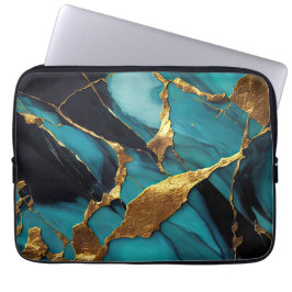 Deep Teal Marble with Bold Gold Veins Laptop Fodral