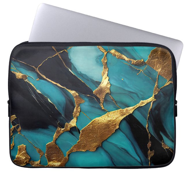 Deep Teal Marble with Bold Gold Veins Laptop Fodral (Framsidan)