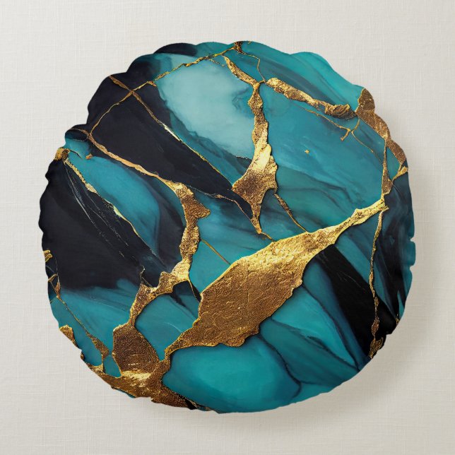 Deep Teal Marble with Bold Gold Veins Rund Kudde (Framsidan)