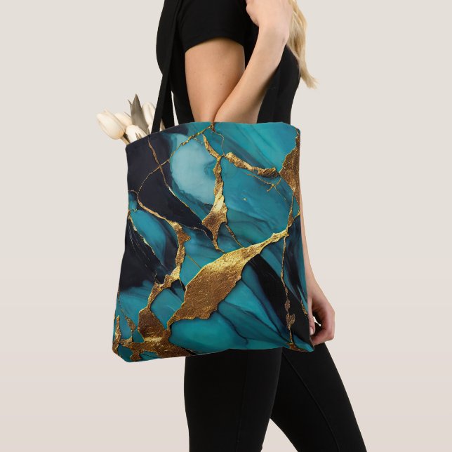 Deep Teal Marble with Bold Gold Veins Tygkasse (Närbild)
