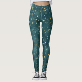 Deep teal night himmel celestial guld star mönster leggings