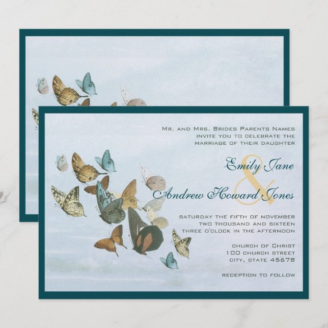 Deep Teal Whimsical Butterfly Wedding bjudande Inbjudningar (Fram/baksida)
