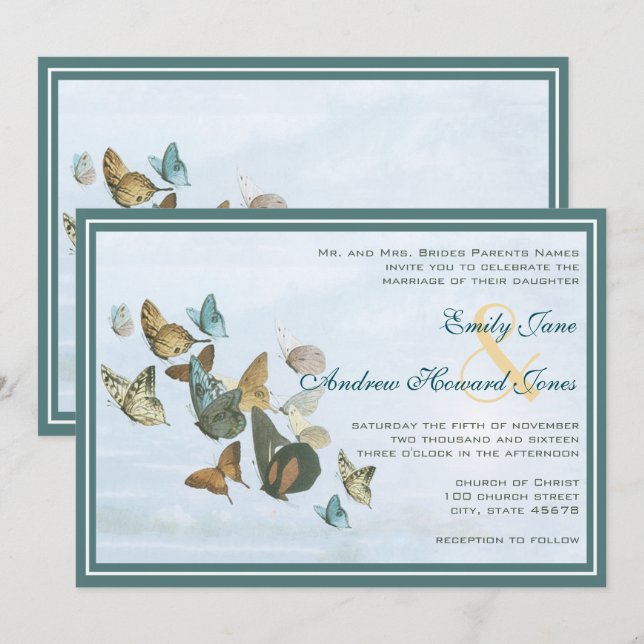 Deep Teal Whimsical Butterfly Wedding bjudande Inbjudningar (Fram/baksida)