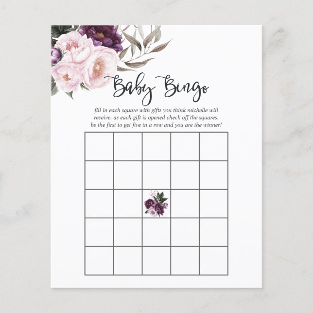 Deep Velvet Blommigt Baby Shower Bingo (Framsida)