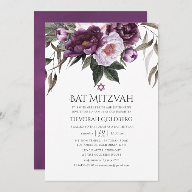 Deep Velvet Blommigt Bat mitzvah Inbjudningar (Fram/baksida)