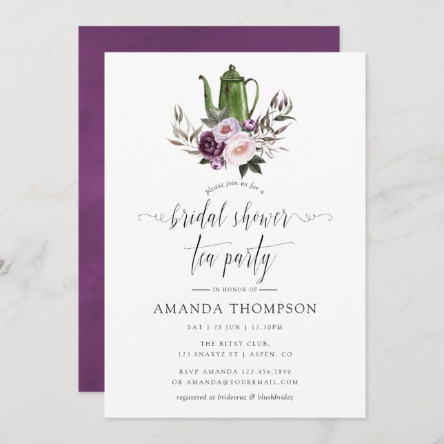 Deep Velvet Blommigt Möhippa Tea Party Inbjudningar (Fram/baksida)