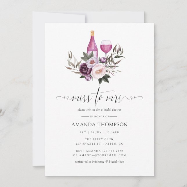 Deep Velvet Blommigt Möhippa Vin Taste Invi Inbjudningar (Framsida)