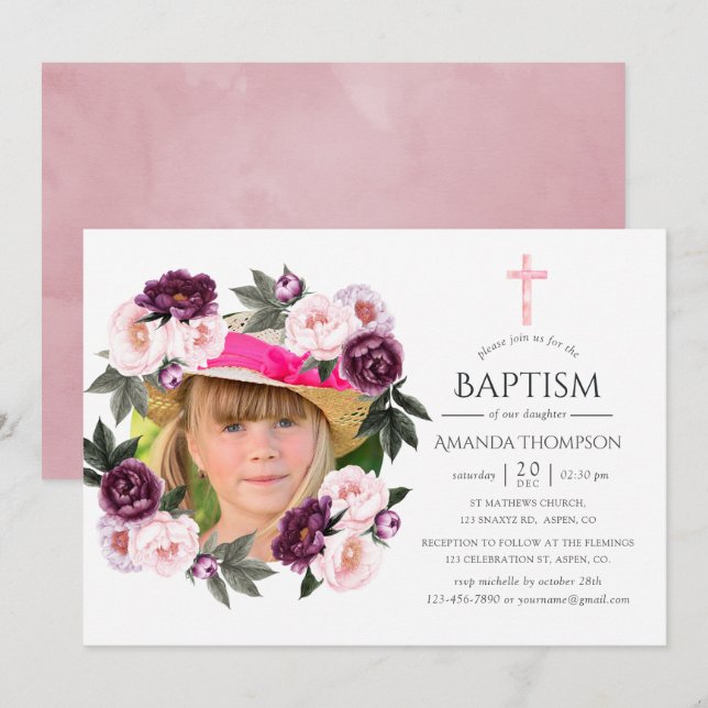 Deep Velvet och Bush Rosa Baptism eller Christenin Inbjudningar (Fram/baksida)