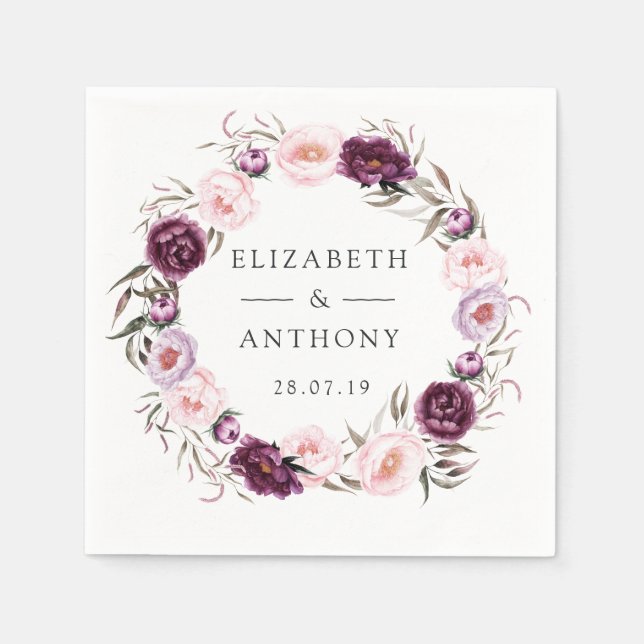 Deep Velvet och  Rosa Blommigt Bröllop Pappersservett (Framsidan)