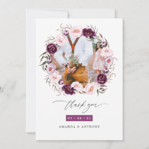 Deep Velvet och Rosa Blommigt Bröllop Photo Tack Kort