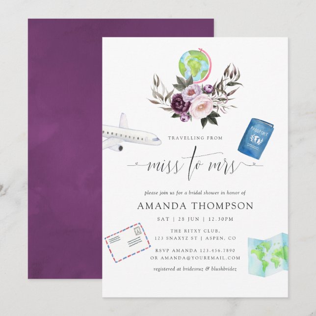 Deep Velvet reser från miss till Mrs Möhippa Inbjudningar (Fram/baksida)