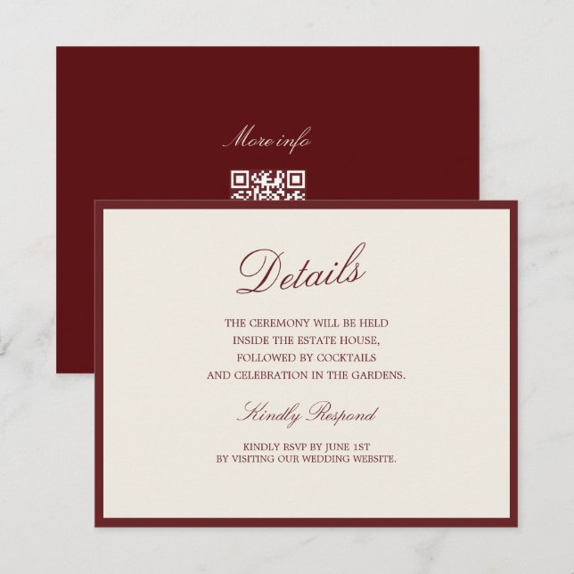 Deep Wine Old Money QR Wedding Details Card Tilläggskort (Fram/baksida)
