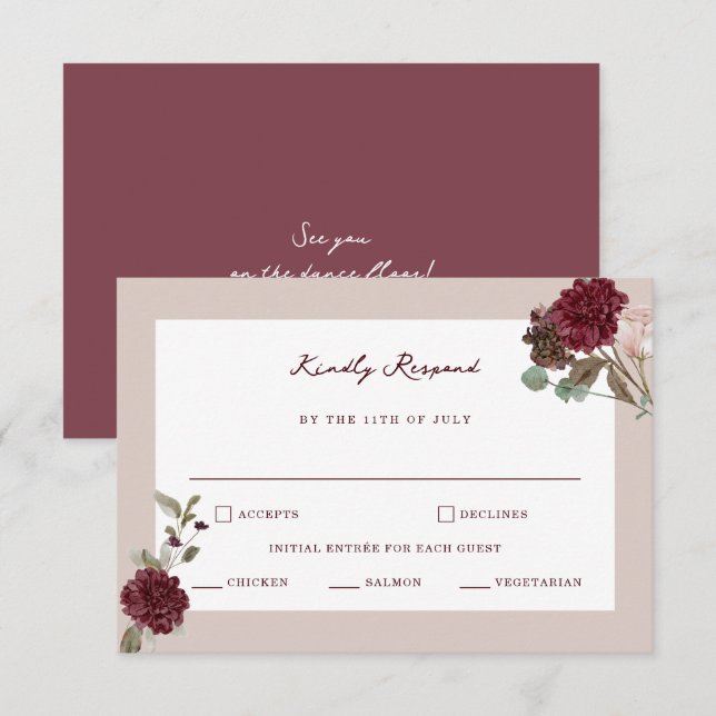 Deep Wine Old Money Wedding RSVP Card Tilläggskort (Fram/baksida)
