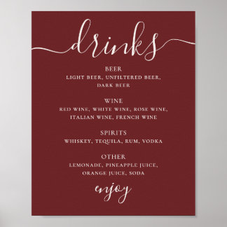 Deep Wine Red Wedding Drinks Menu. Modern Bar Sign Poster