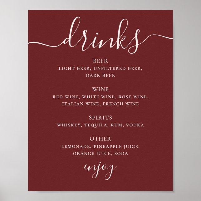 Deep Wine Red Wedding Drinks Menu. Modern Bar Sign Poster (Framsidan)