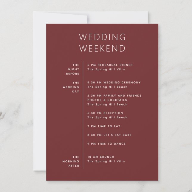 Deep Wine Red Wedding Timeline | Modern Itinerary Inbjudningar (Baksida)