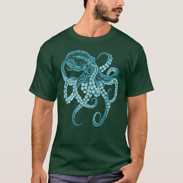 Deepsea blue kraken octopus in combat stance vinta t shirt (Framsida)